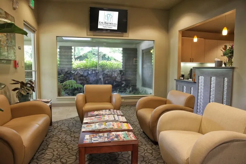 Inside of office seating area with TV view